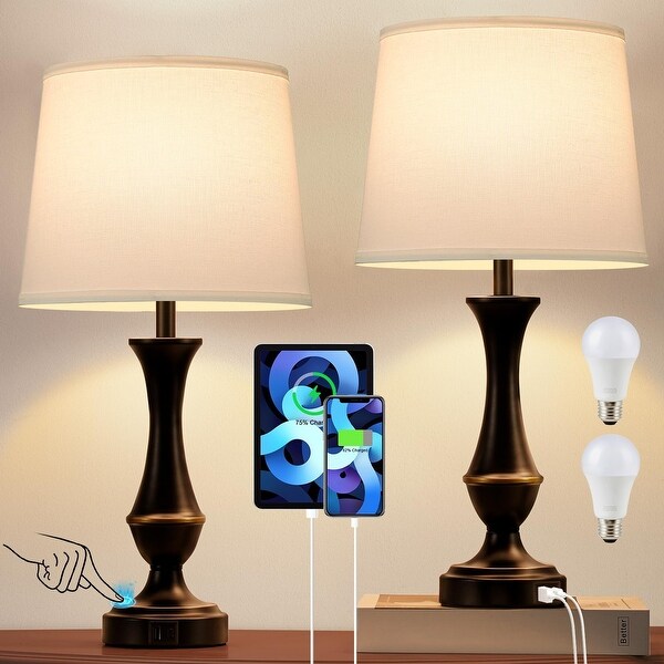Touch Lamps for Bedrooms Set of 2 Nightstand Table Lamp with USB C A 3 Way Dimmable Bedside Lamps for Living Room Set of 2 White